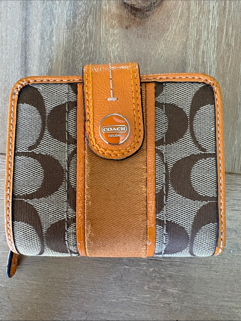 Coach Brown Signature Canvas Wallet with Orange Trim